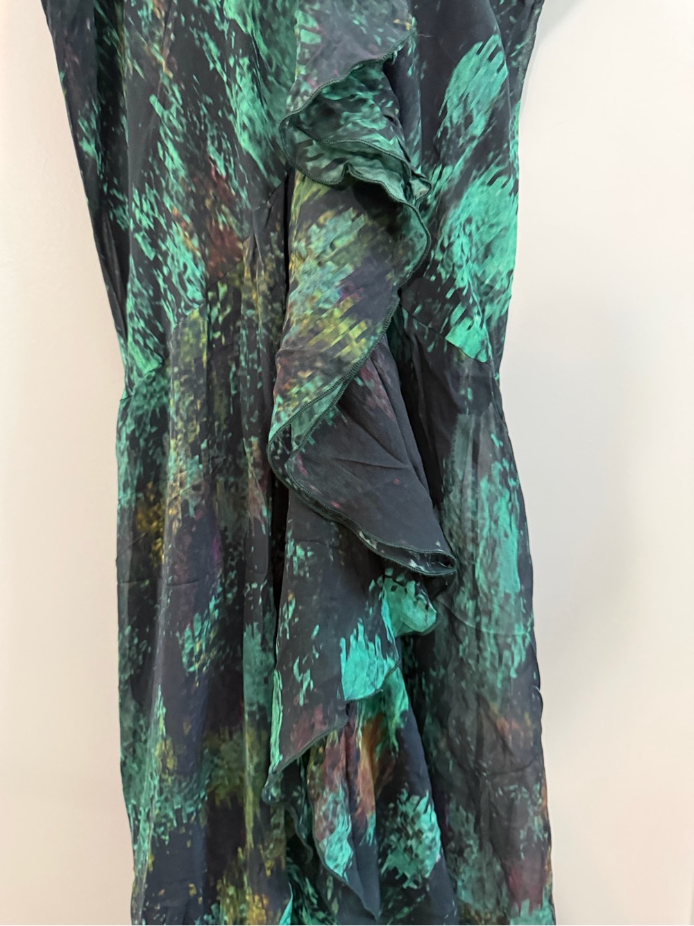 Haute Hippie NWT 100% Silk Emerald Abstract Ruffle Maxi Dress Gown - Picture 9 of 11